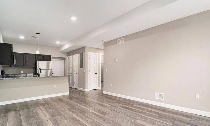 Empty room, Interior, Kitchen, Pendant Lights, Recessed Lighting, Wood Texture Flooring