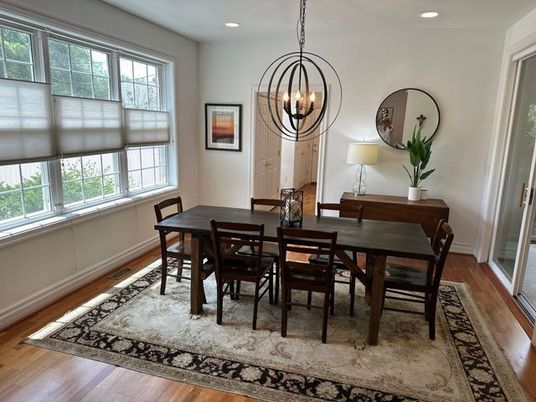 Chandelier, Dining room, Interior, Pendant Lights, Recessed Lighting, Wood Texture Flooring