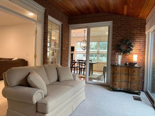 Dining room, Interior, Living room, Pendant Lights, Recessed Lighting, Stone Walls, Wooden Ceilings