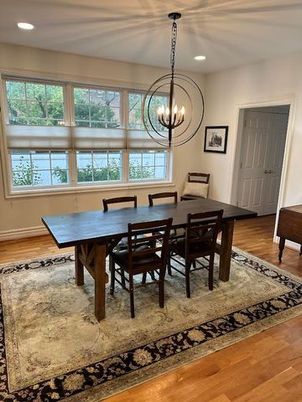 Chandelier, Dining room, Interior, Pendant Lights, Recessed Lighting, Wood Texture Flooring
