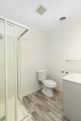 Bathroom, Glass Shower, Interior, Wood Texture Flooring