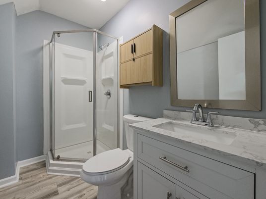 Bathroom, Glass Shower, Interior, Recessed Lighting, Wood Texture Flooring