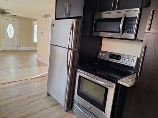 Interior, Kitchen, Stainless Steel Appliances, Wood Texture Flooring