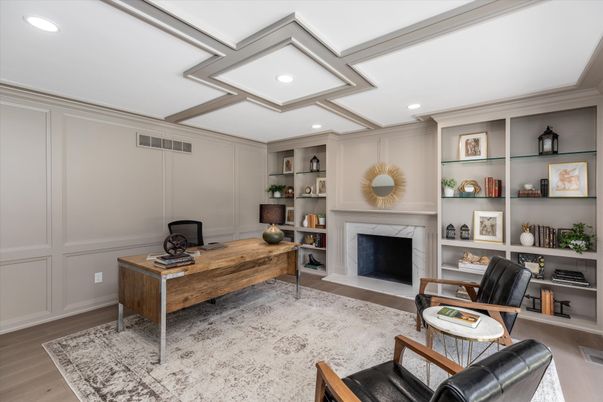 Fireplace, Interior, Living room, Recessed Lighting, Wood Texture Flooring