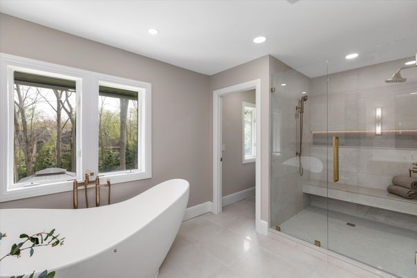 Bathroom, Free Standing Baths, Glass Shower, Interior, Recessed Lighting