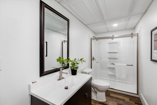 Bathroom, Glass Shower, Interior, Recessed Lighting, Wood Texture Flooring