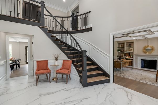 Dining room, Fireplace, Interior, Marble, Recessed Lighting