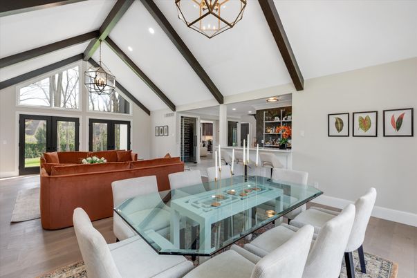 Dining room, Interior, Living room, Pendant Lights, Recessed Lighting, Wooden Beams, Wood Texture Flooring