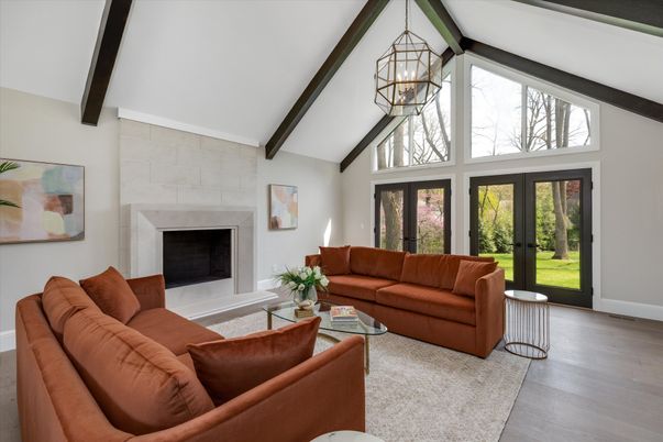 Chandelier, Fireplace, Interior, Living room, Pendant Lights, Wooden Beams, Wood Texture Flooring
