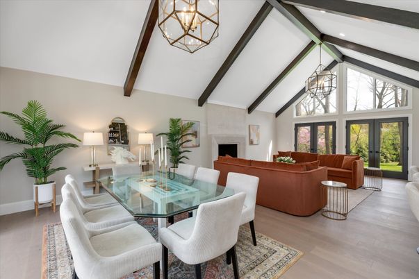 Chandelier, Dining room, Fireplace, Interior, Living room, Pendant Lights, Wooden Beams, Wood Texture Flooring