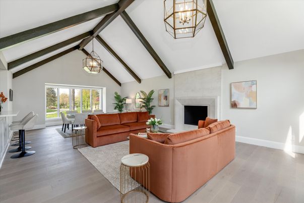 Dining room, Fireplace, Interior, Living room, Pendant Lights, Wooden Beams, Wood Texture Flooring
