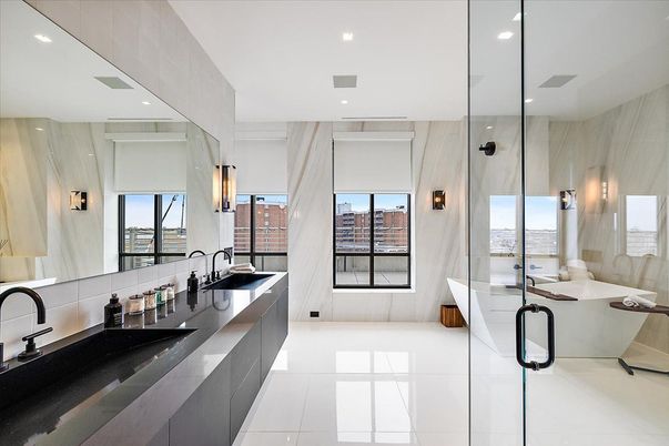 Bathroom, Dual Sink Vanities, Glass Shower, Interior, Marble Walls, Recessed Lighting, Water