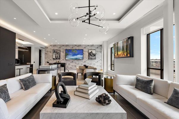 Dining room, Interior, Living room, Marble Walls, Pendant Lights, Recessed Lighting, Wood Texture Flooring