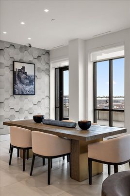 Dining room, Interior, Recessed Lighting, Stone Walls, Water