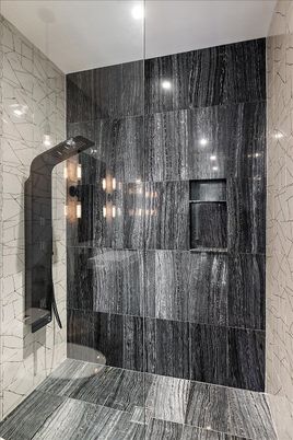 Bathroom, Glass Shower, Interior, Marble Walls, Recessed Lighting