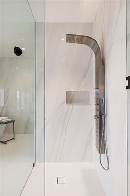 Bathroom, Glass Shower, Interior, Marble Walls, Recessed Lighting