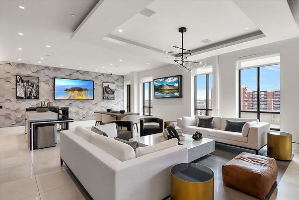 Dining room, Interior, Living room, Pendant Lights, Recessed Lighting, Stone Walls