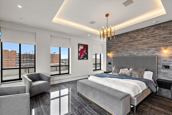Bedroom, Interior, Pendant Lights, Recessed Lighting, Wood Texture Flooring