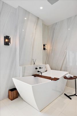 Bathroom, Free Standing Baths, Interior, Marble Walls, Recessed Lighting