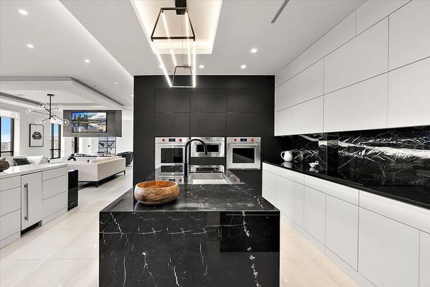 Interior, Kitchen, Living room, Marble Walls, Pendant Lights, Recessed Lighting
