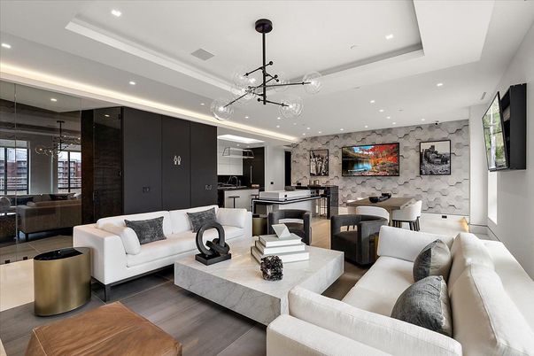 Billiard Table, Game Room, Interior, Living room, Pendant Lights, Recessed Lighting, Wood Texture Flooring