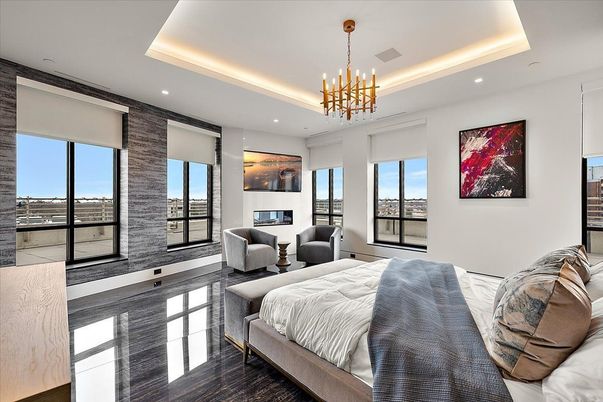 Bedroom, Interior, Pendant Lights, Recessed Lighting, Wood Texture Flooring