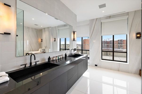 Bathroom, Dual Sink Vanities, Interior, Marble Walls, Recessed Lighting