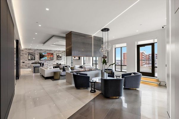 Fireplace, Interior, Living room, Marble Walls, Pendant Lights, Recessed Lighting
