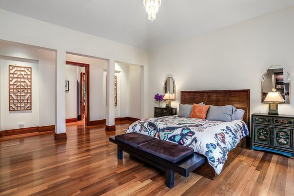 Bedroom, Chandelier, Interior, Wood Texture Flooring