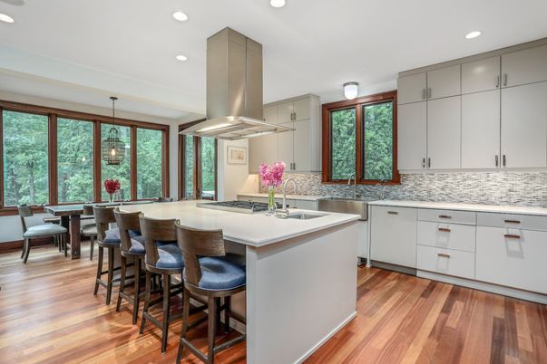 Dining room, Interior, Kitchen, Pendant Lights, Recessed Lighting, Wood Texture Flooring