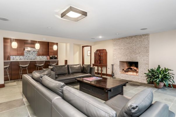 Fireplace, Interior, Kitchen, Living room, Pendant Lights, Recessed Lighting, Stone Walls