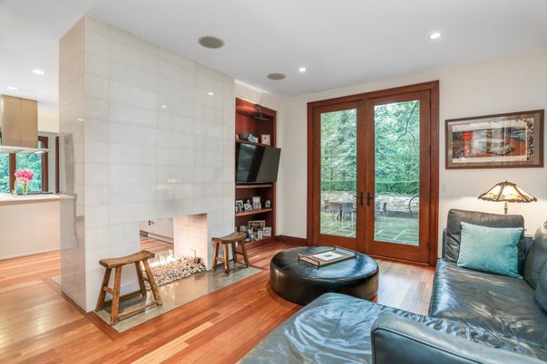 Fireplace, Interior, Living room, Recessed Lighting, Wood Texture Flooring
