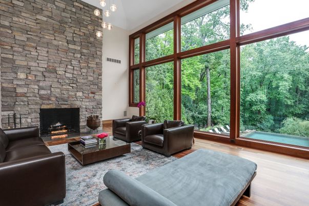 Fireplace, Interior, Living room, Pendant Lights, Stone Walls, Wood Texture Flooring