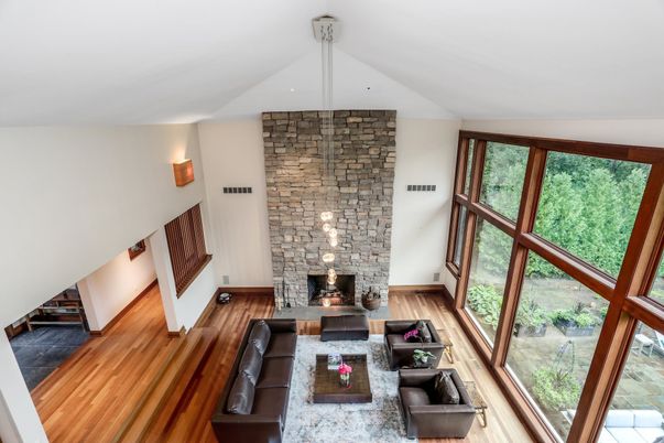 Fireplace, Interior, Living room, Pendant Lights, Stone Walls, Wood Texture Flooring