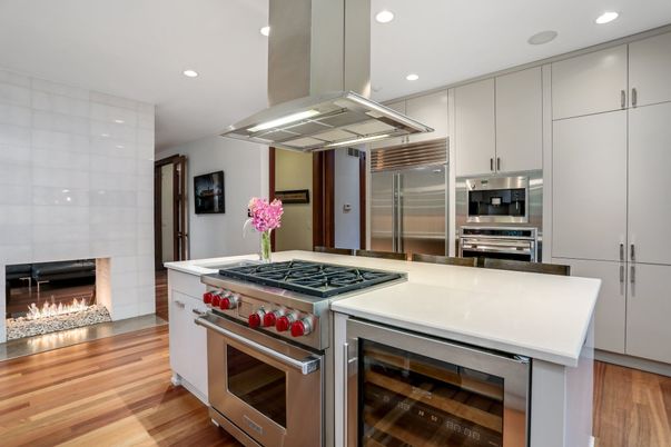 Interior, Kitchen, Recessed Lighting, Stainless Steel Appliances, Wood Texture Flooring