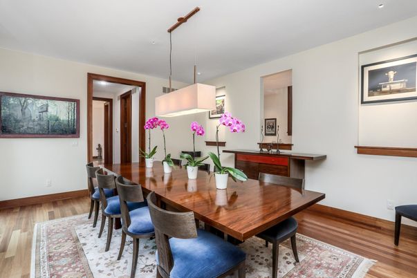 Dining room, Interior, Pendant Lights, Recessed Lighting, Wood Texture Flooring