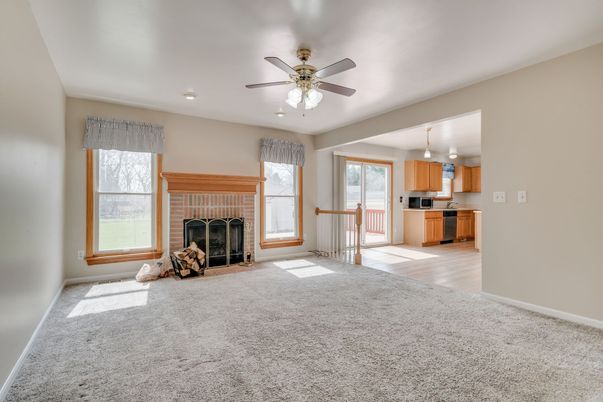 Empty room, Fireplace, Interior, Kitchen, Wood Texture Flooring