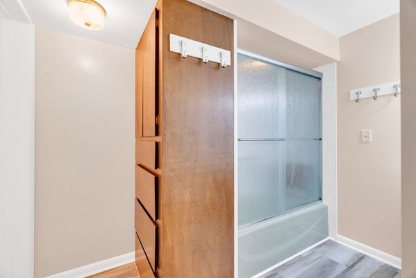 Bathroom, Glass Shower, Interior, Wood Texture Flooring