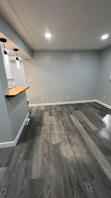 Empty room, Interior, Pendant Lights, Recessed Lighting, Wood Texture Flooring