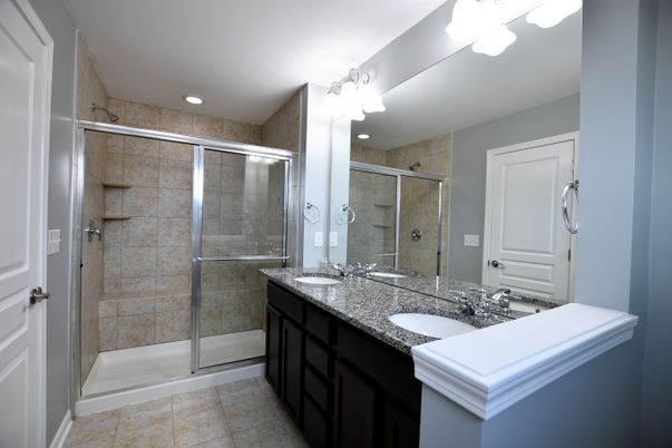 Bathroom, Dual Sink Vanities, Glass Shower, Interior, Recessed Lighting