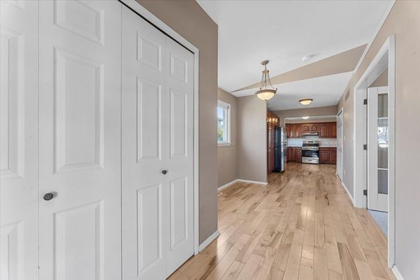 Interior, Kitchen, Pendant Lights, Stainless Steel Appliances, Wood Texture Flooring