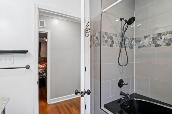 Bathroom, Glass Shower, Interior, Wood Texture Flooring