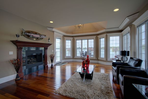 Chandelier, Fireplace, Interior, Living room, Recessed Lighting, Wood Texture Flooring