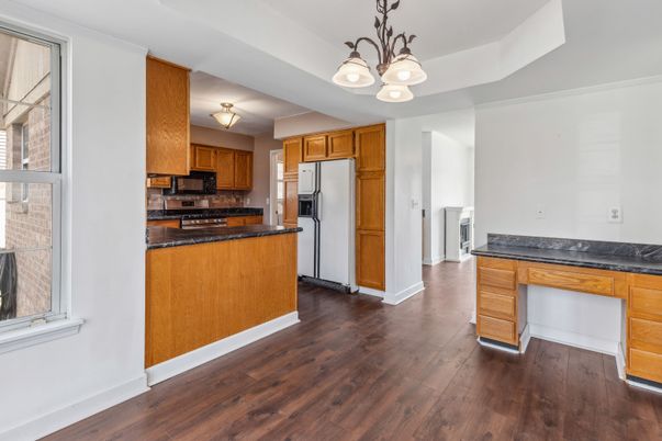 Chandelier, Interior, Kitchen, Stainless Steel Appliances, Wood Texture Flooring