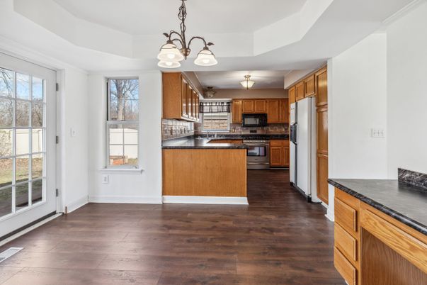 Chandelier, Interior, Kitchen, Stainless Steel Appliances, Wood Texture Flooring