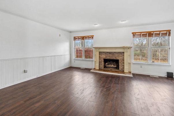 Empty room, Fireplace, Interior, Recessed Lighting, Wood Texture Flooring