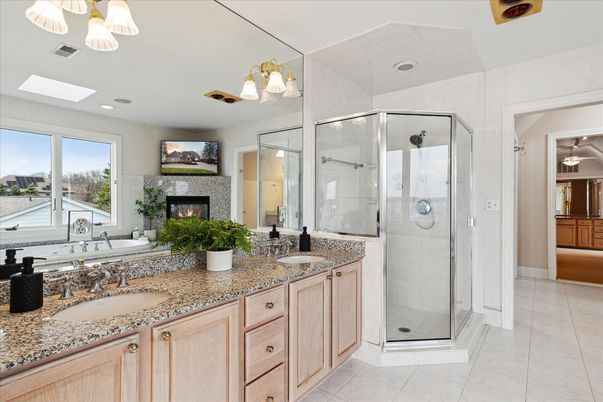 Bathroom, Dual Sink Vanities, Fireplace, Glass Shower, Interior, Recessed Lighting