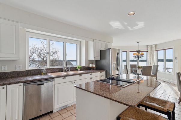 Chandelier, Dining room, Interior, Kitchen, Recessed Lighting, Stainless Steel Appliances, Water