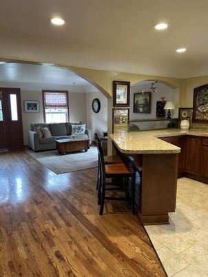 Dining room, Interior, Living room, Recessed Lighting, Wood Texture Flooring