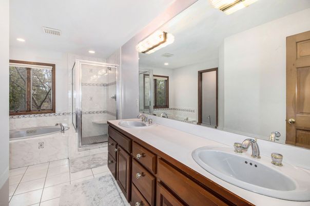 Bathroom, Dual Sink Vanities, Glass Shower, Interior, Marble, Recessed Lighting